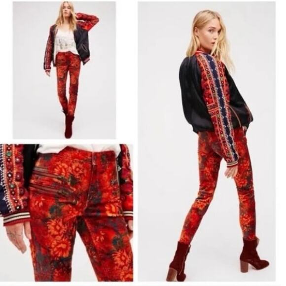 Free People Lennon Floral Funkytown Orange Red Velvet Pants Women’s Size 0 - Picture 3 of 12